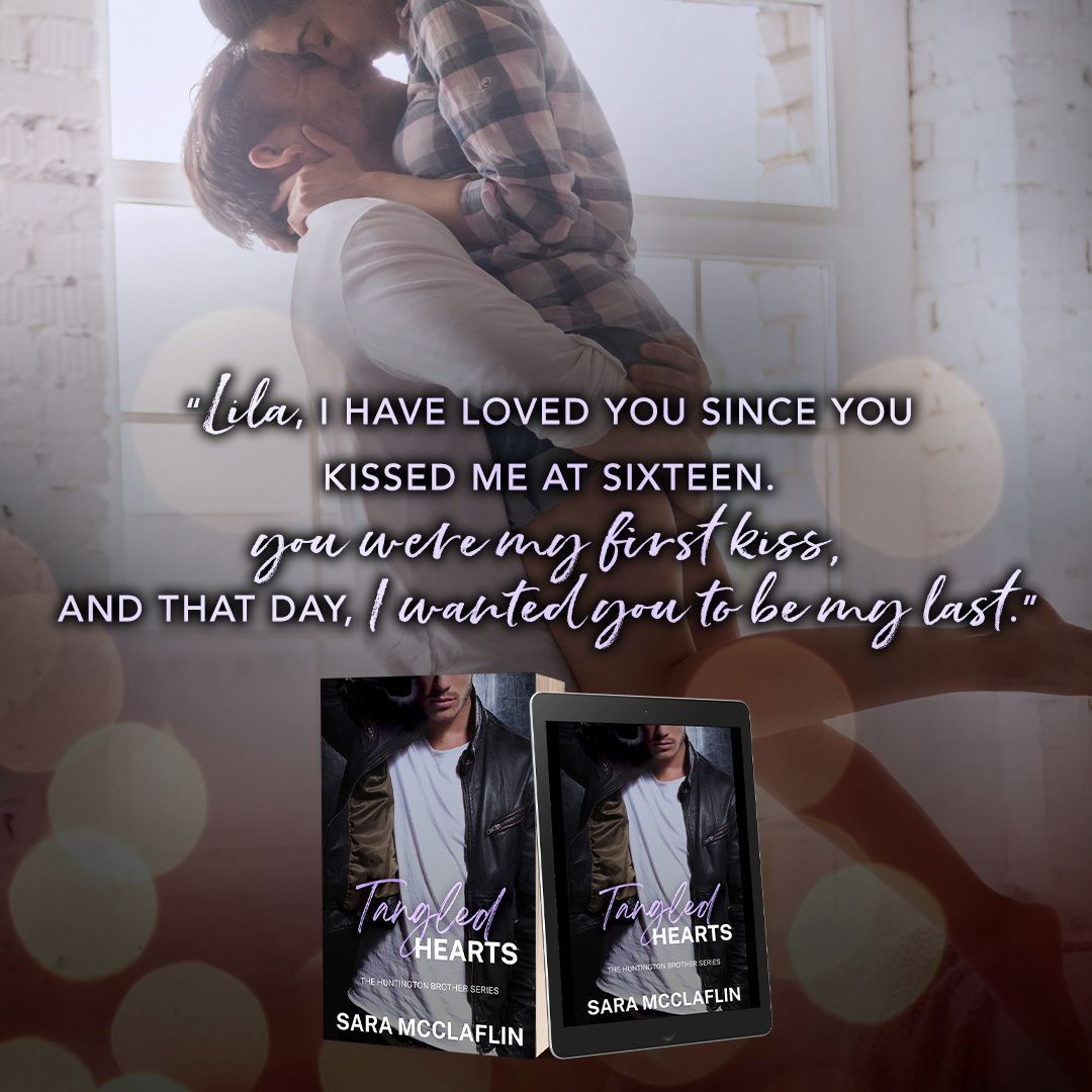 A man and a woman are hugging each other in a room for a book called Tangled Hearts by Sara McClaflin.