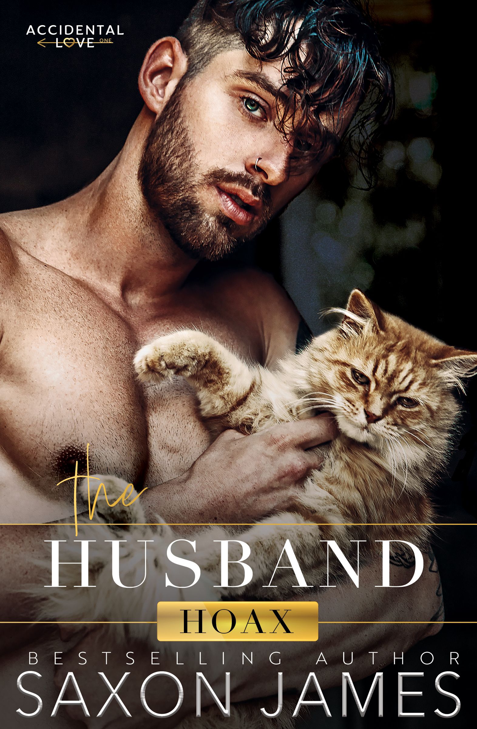 A shirtless man is holding a cat in his arms.