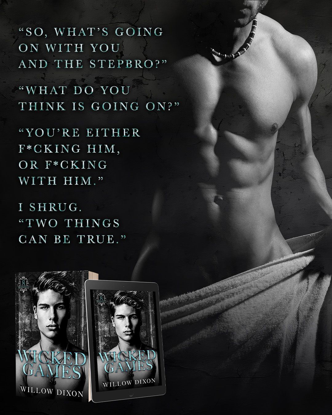 A spicy, stepbrothers, college roommates, forced proximity, animosity to lovers, double bi-awakening, possessive MC, M/M romance book. Expect hurt/comfort, fighting as foreplay/mild primal play, dirty talk and bratting, their version of gay chicken, morally ambiguous heroes, not-so-secret societies, and lots of spicy times that should (and do) come with a warning. 