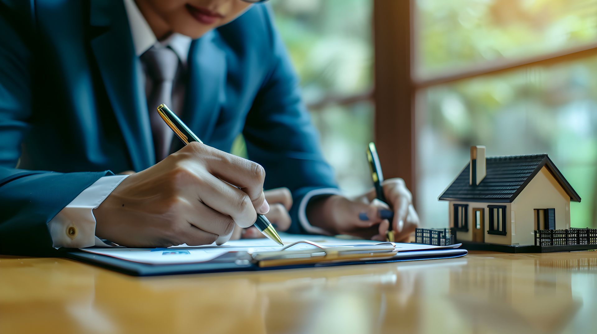 A man in a suit and tie is signing a document next to a model house.