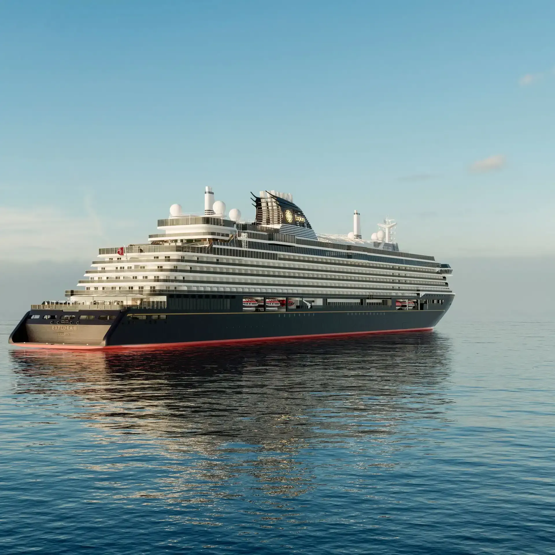 Large cruise ship on calm water with blue sky background.