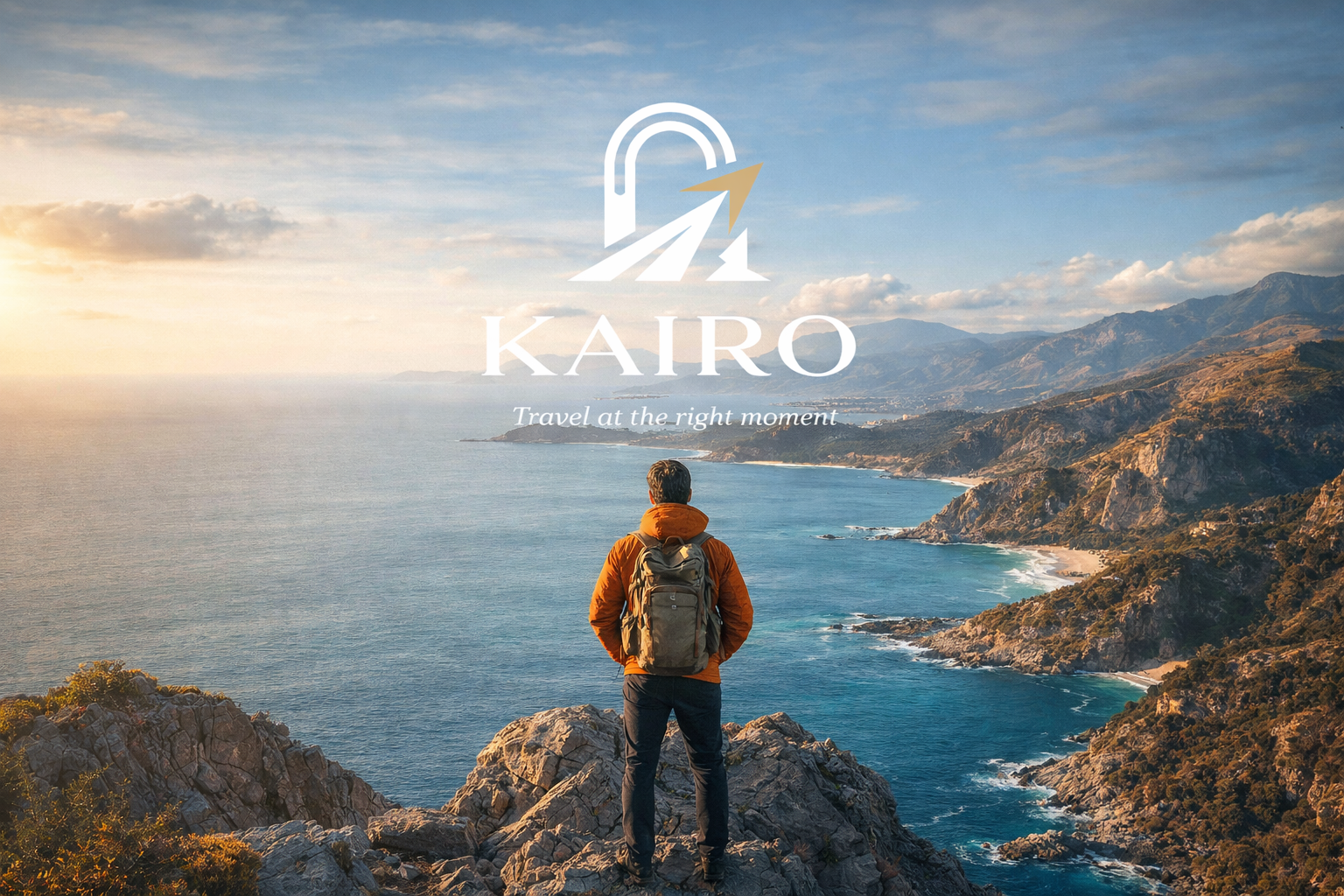 Man with backpack overlooking a coastal landscape, KAIIRO logo in the sky.