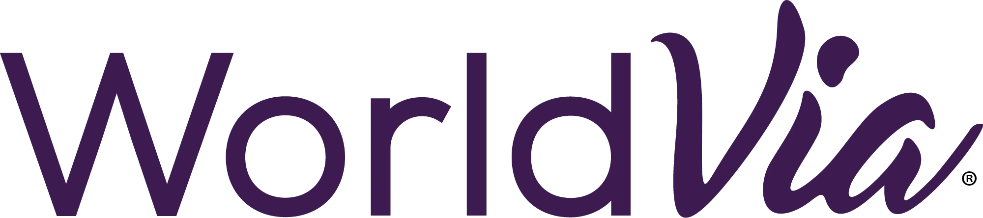 WorldVia logo in purple, stylized cursive