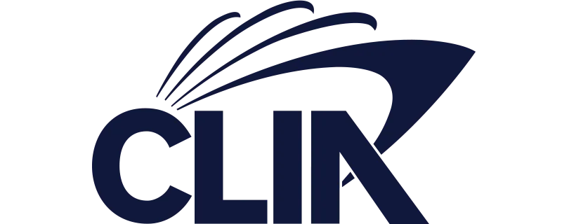 CLIA logo with navy blue text and abstract design element.