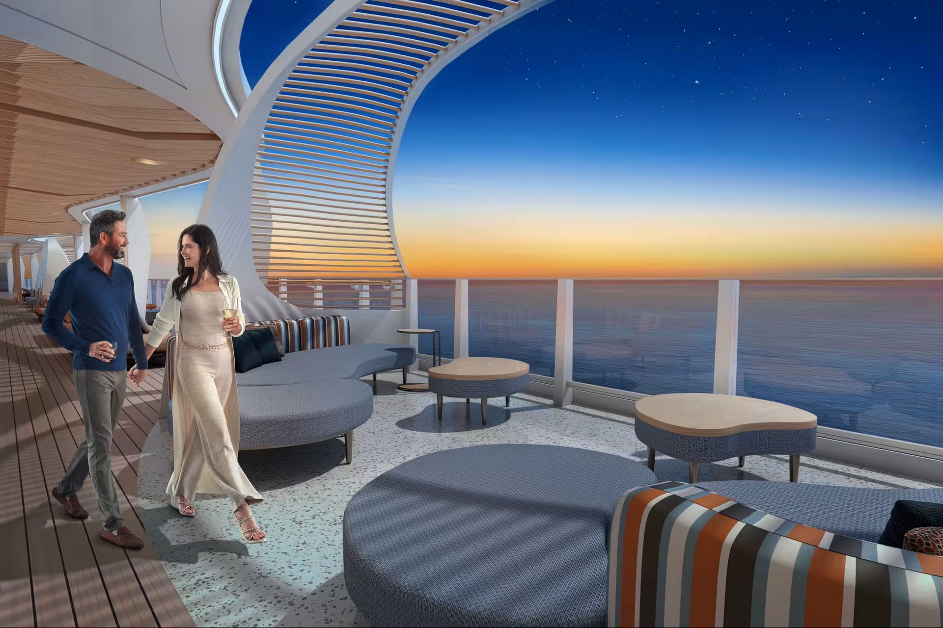 Couple walking on cruise ship deck, sunset view. Blue, gray, and beige decor.