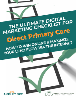 Checklist cover: Direct primary care digital marketing, with a pen marking check boxes.