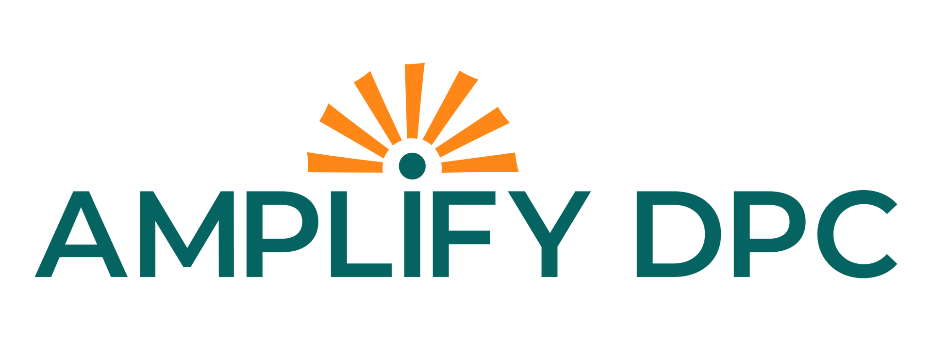 Logo for Amplify DPC, teal text below orange sunburst design.