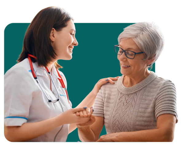 Nurse with stethoscope smiles at an older adult, touching her hand, set against a teal background.