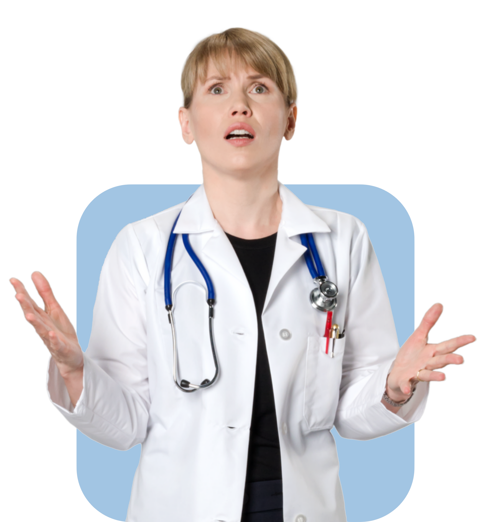 Doctor with stethoscope looking puzzled, hands outstretched, wearing a white coat over a black shirt, against a light blue backdrop.