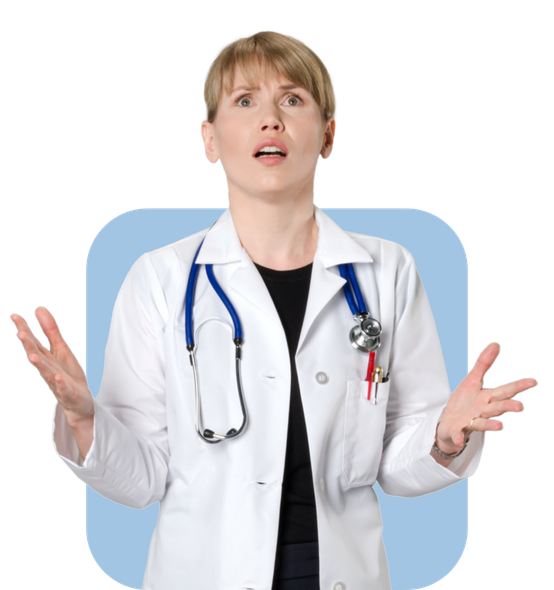 Doctor with stethoscope looking puzzled, arms raised, in a light blue rounded frame.