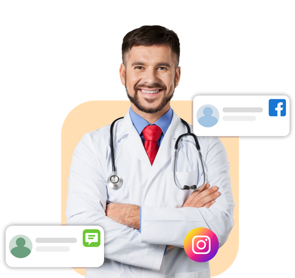 Smiling doctor with arms crossed, stethoscope, social media icons: Facebook, Instagram, and chat.