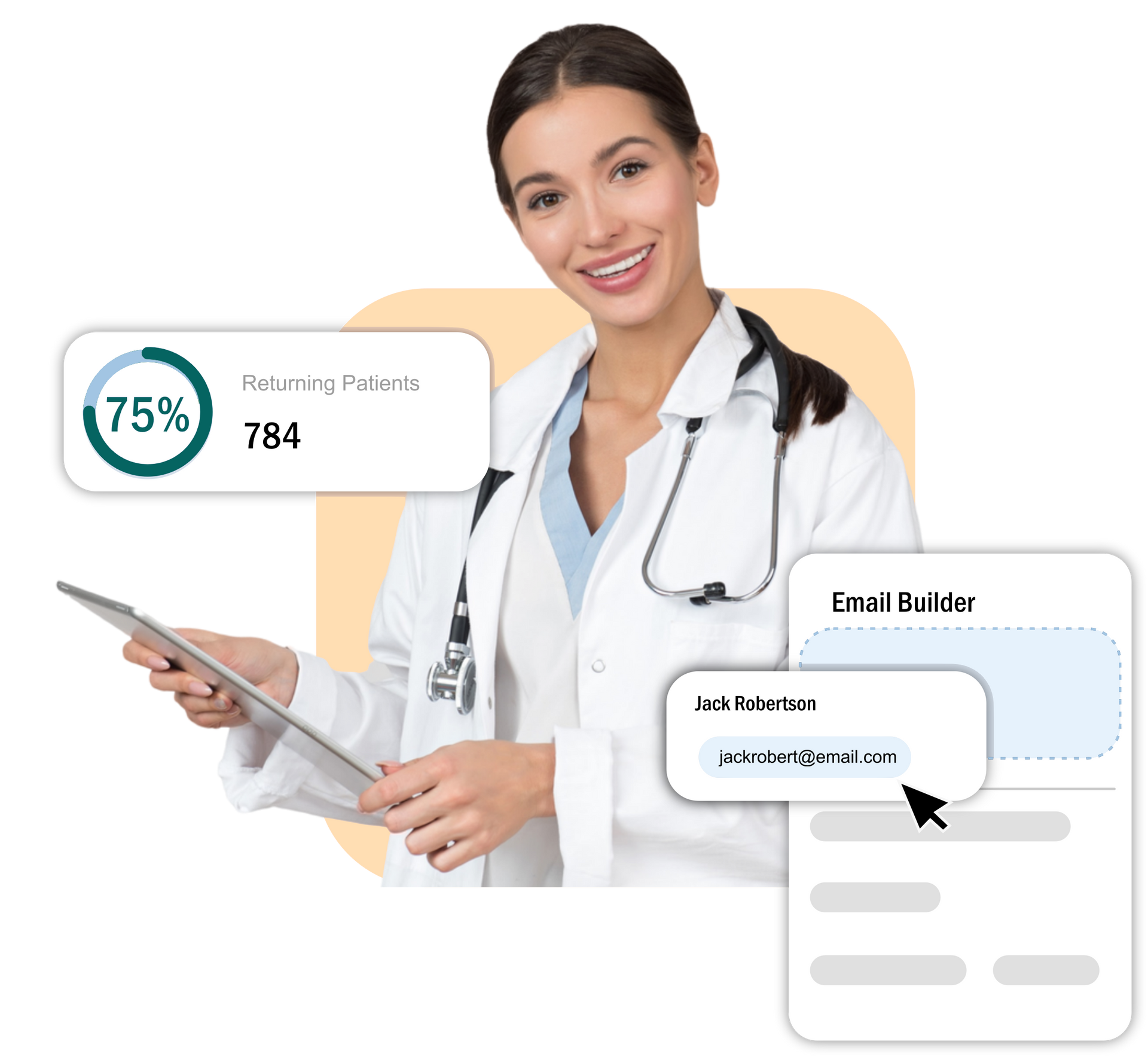 Smiling doctor holding tablet, with email and progress dashboard overlays.
