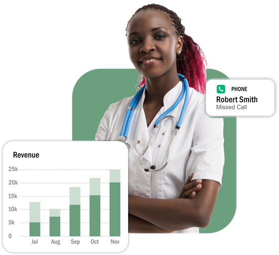 Doctor with stethoscope, revenue graph, and contact card.