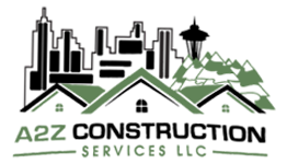 Logo for A2Z Construction Services LLC: cityscape skyline, green roof over homes, text.