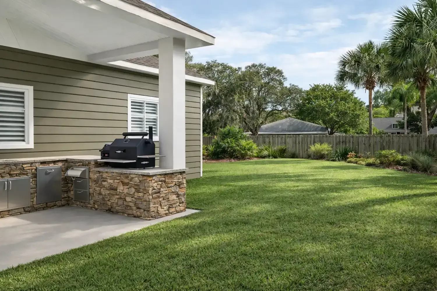 A backyard patio with a stone-base outdoor grill and built-in metal cabinets attached to the side of a house.