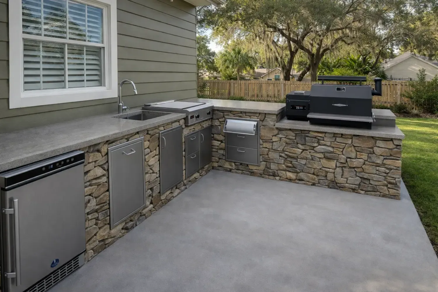 Outdoor kitchen with stone base, stainless steel appliances, and grill on a concrete patio next to a house exterior.
