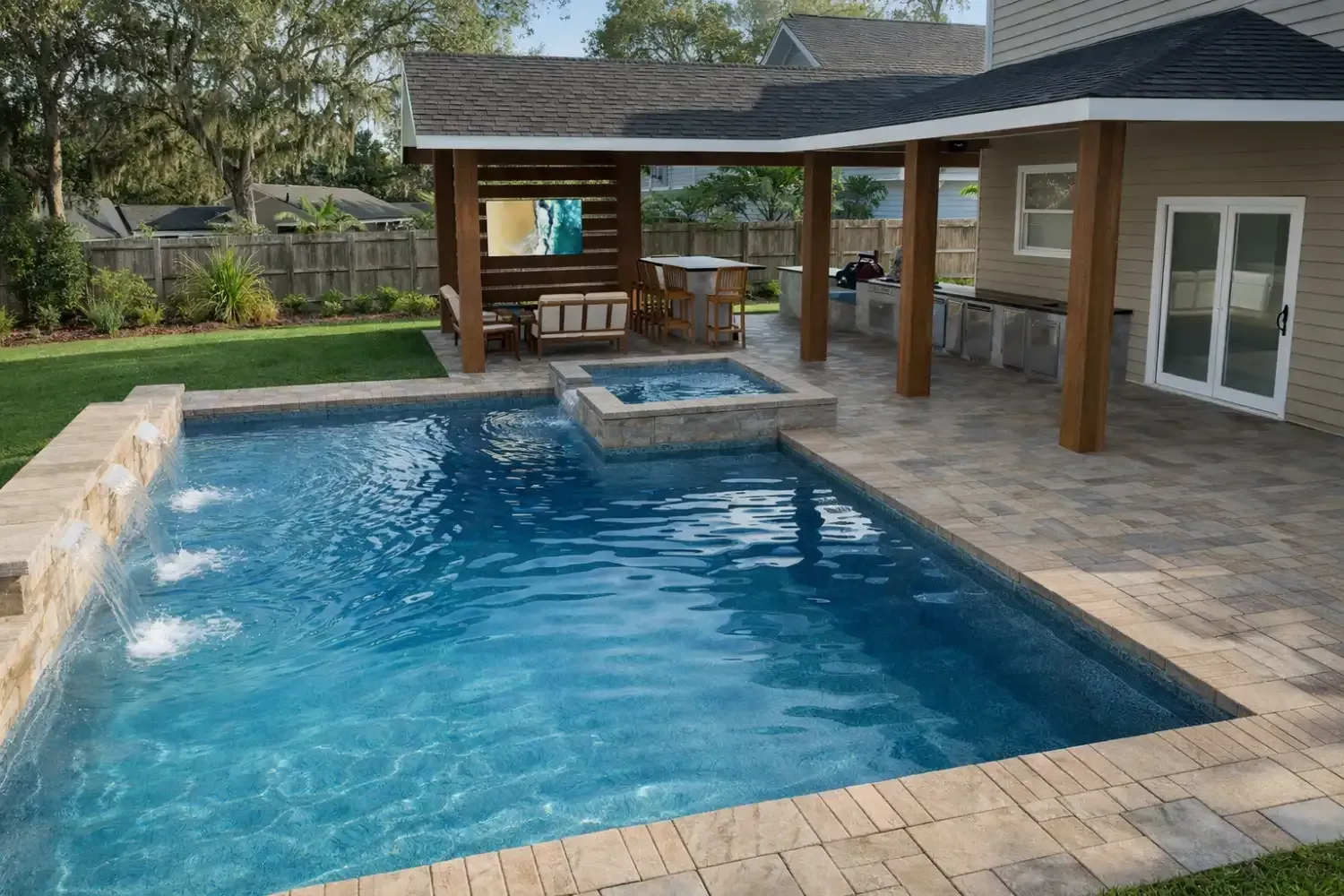 A backyard swimming pool with an attached hot tub, stone patio, and a covered patio area with outdoor seating.