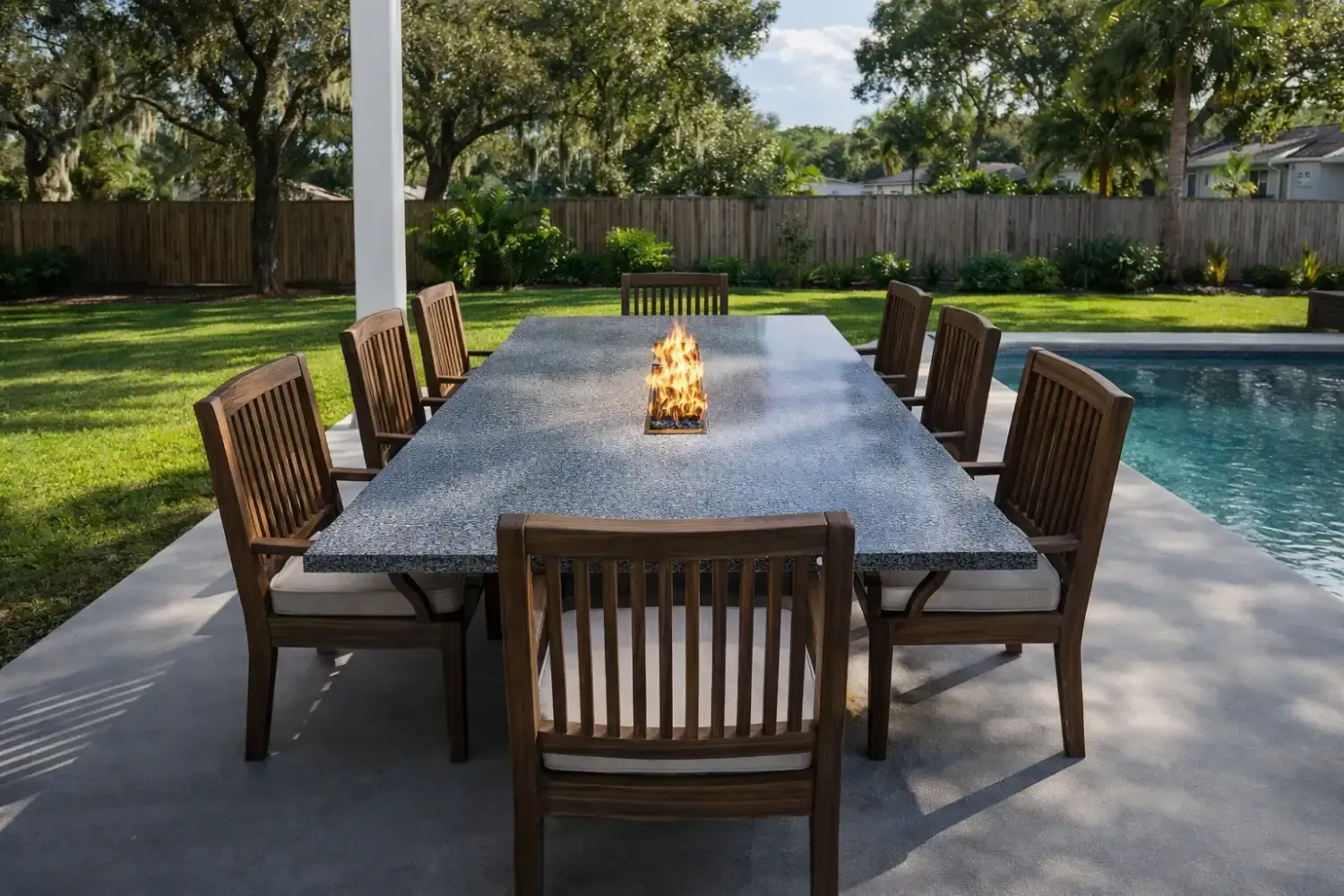 A stone fire pit dining table surrounded by wooden chairs on a poolside patio, with a grassy yard and trees in the back.