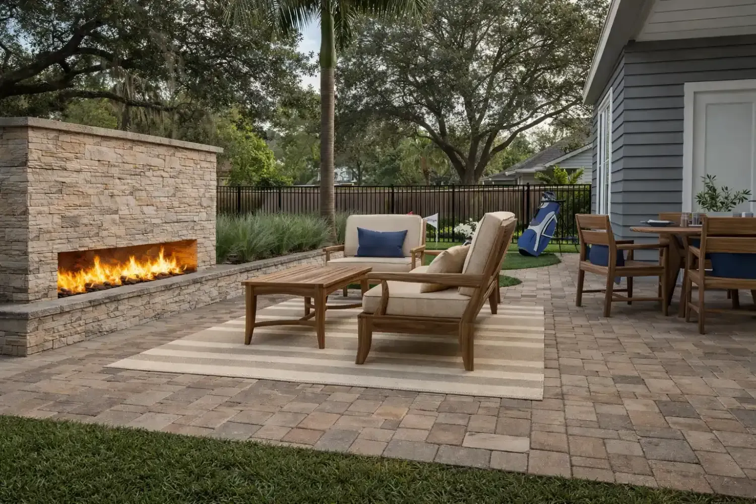 A stone outdoor fireplace on a patio with furniture, including chairs and a table, set on a striped rug.