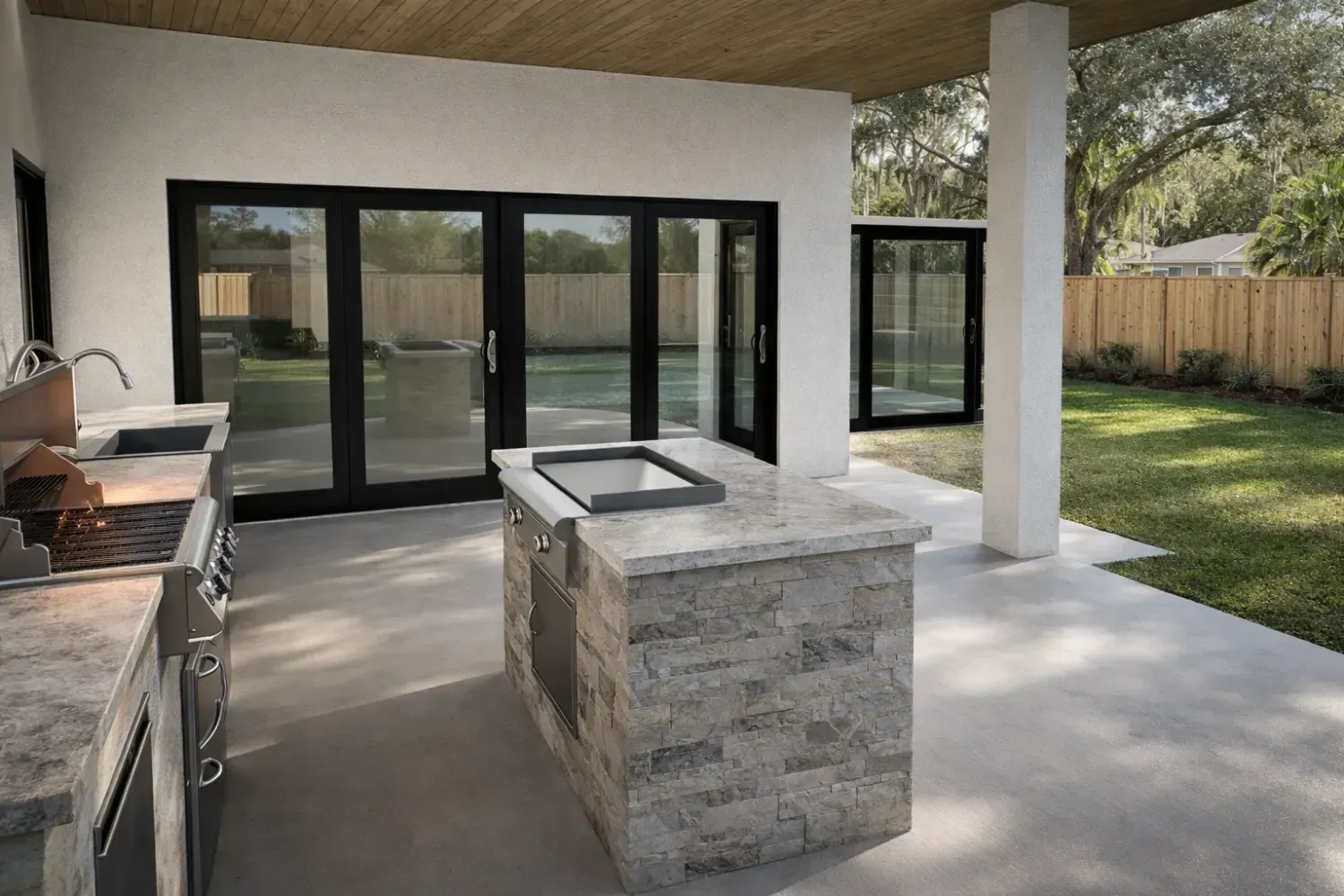 Modern outdoor kitchen featuring a stone-clad island and grill on a concrete patio overlooking a grassy backyard.