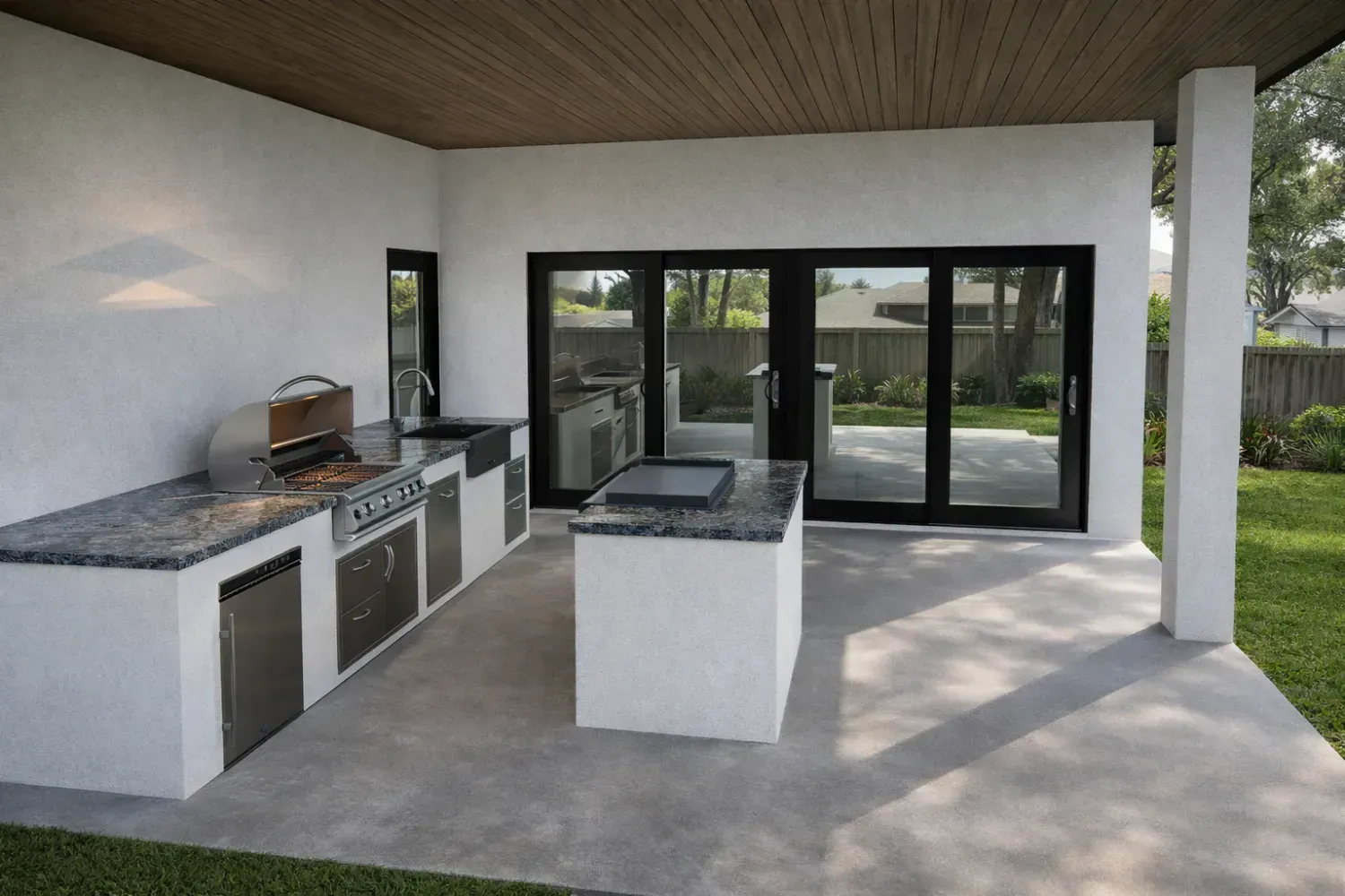 A modern outdoor kitchen with a stone-topped island and grill station under a covered patio with black-framed doors.
