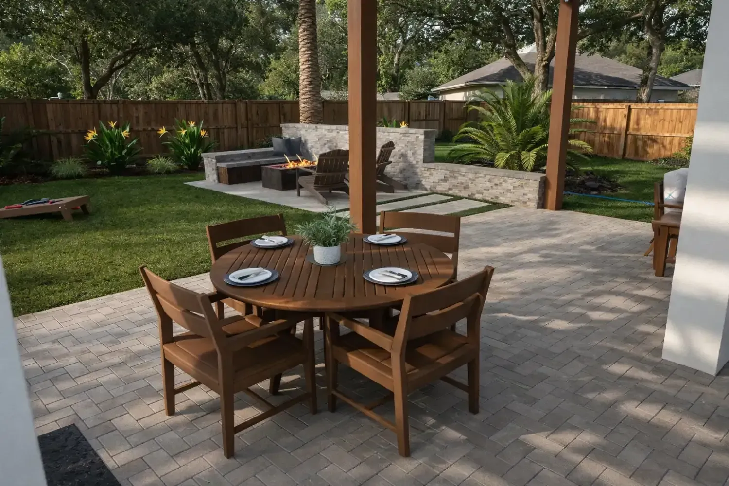 A wooden dining set on a paved patio with a backyard fire pit area and lawn in the background.
