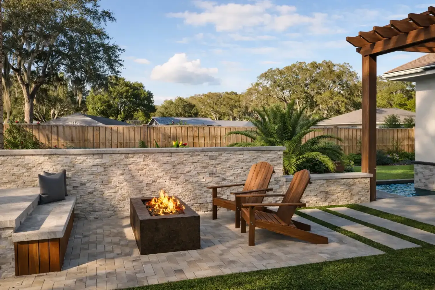 A patio with a rectangular fire pit, two wooden Adirondack chairs, and a built-in stone bench under a pergola.