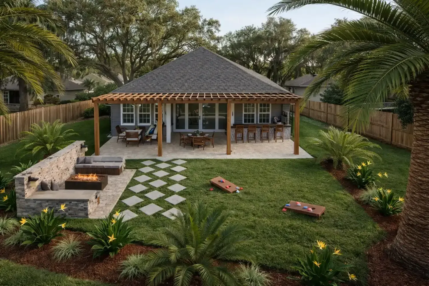 A backyard patio features a fire pit, a covered dining area, stone pavers, lush greenery, and a cornhole game set.