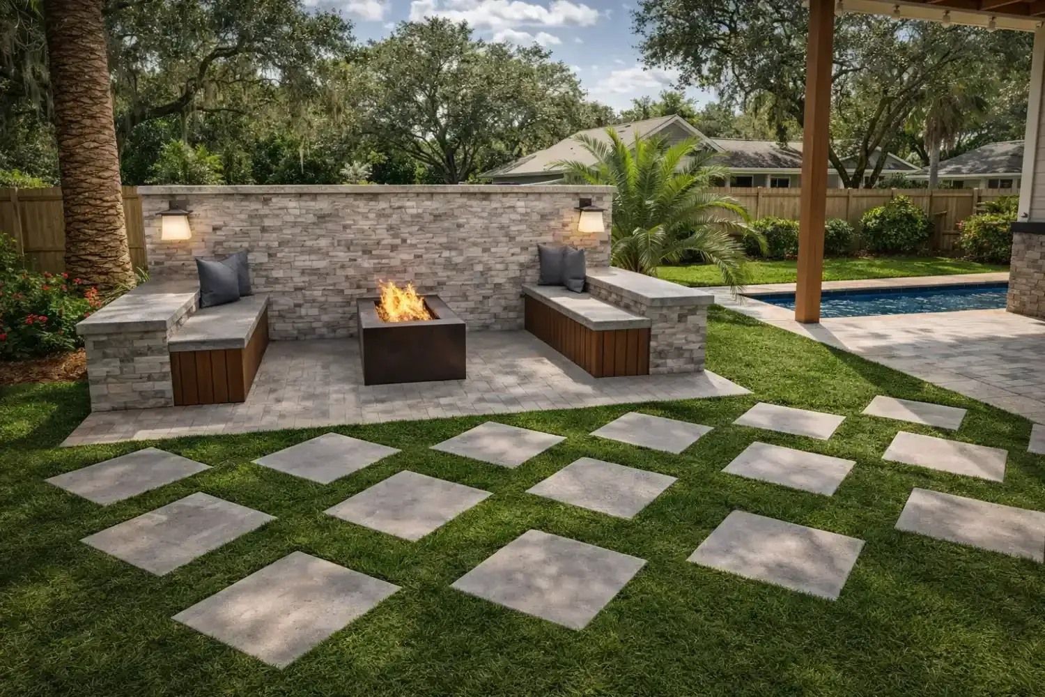 A stone fire pit area with built-in benches, set in a backyard lawn with stepping stones near a swimming pool.