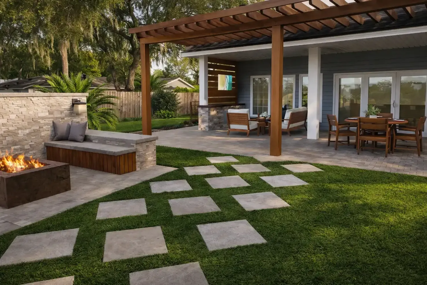A patio with a pergola, a fire pit with stone bench seating, and square pavers set in a lush green lawn.