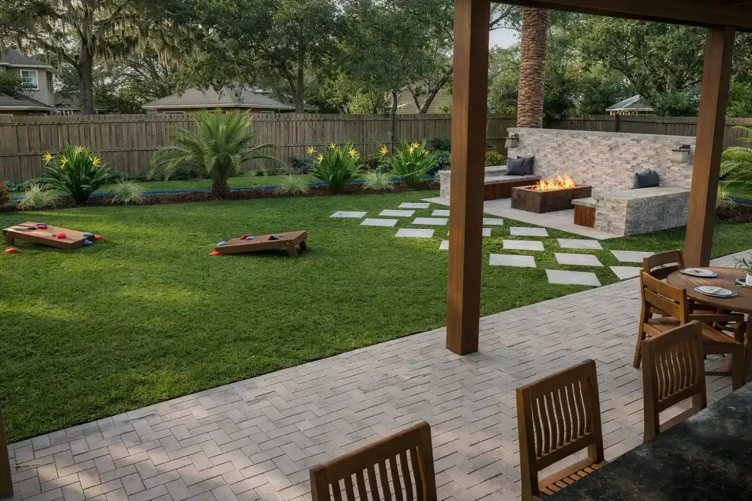 A backyard patio with a fire pit, seating, stone pavers, and a green lawn with cornhole boards set up for play.