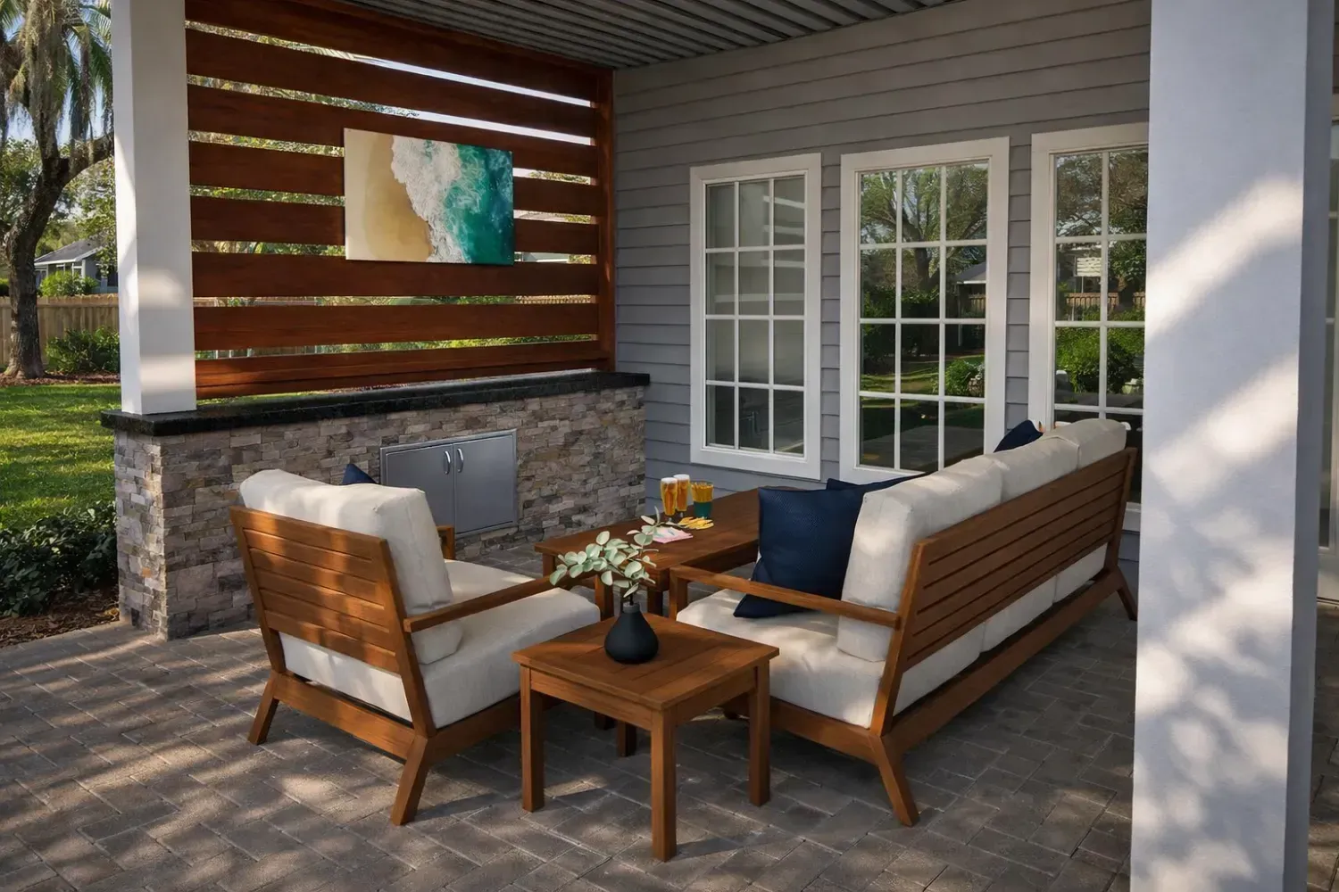 A covered patio with a wooden sofa and chair featuring cream cushions, a stone fireplace, and a decorative wood screen.