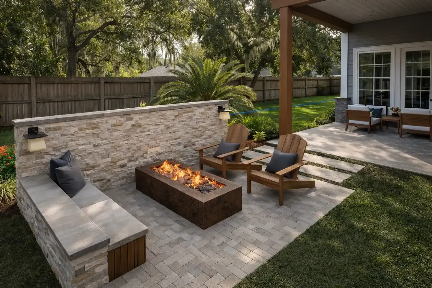 A backyard patio with a stone fire pit, built-in bench, two wooden chairs, and a stone privacy wall.