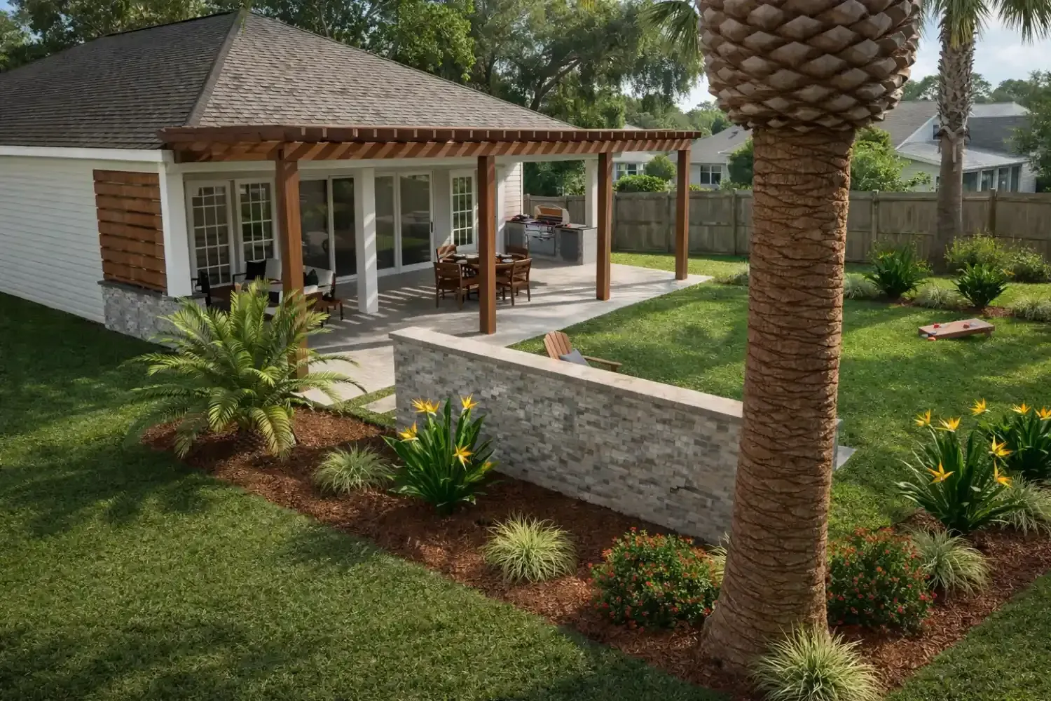 A stone patio with a pergola and outdoor kitchen behind a low stone wall, set in a sunny backyard with landscaping.