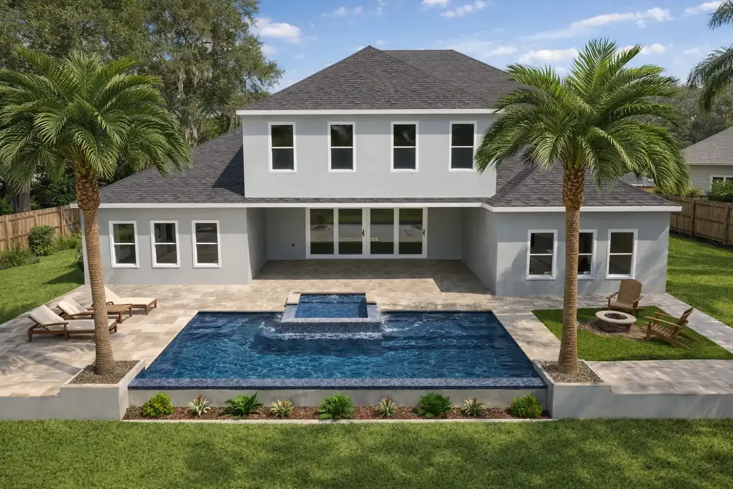 A gray two-story house with a rectangular swimming pool, a spillover spa, and palm trees on a sunny, landscaped lawn.