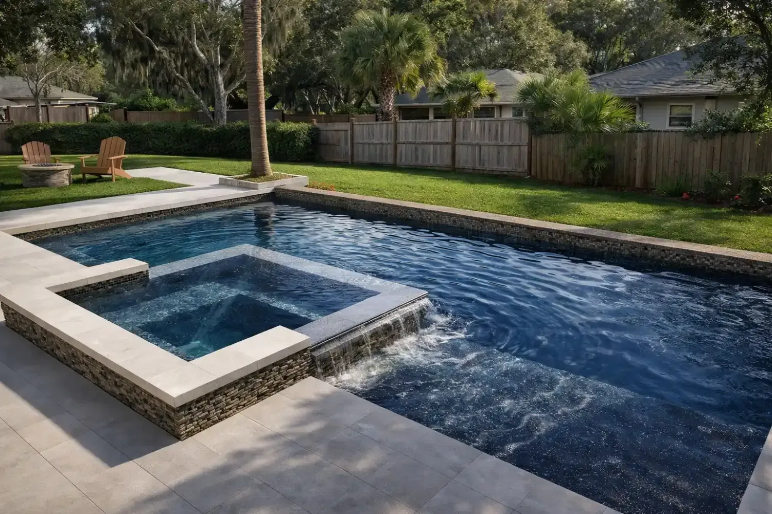 A backyard swimming pool with an integrated raised spa, a stone-tiled edge, and a small waterfall spilling into the pool.