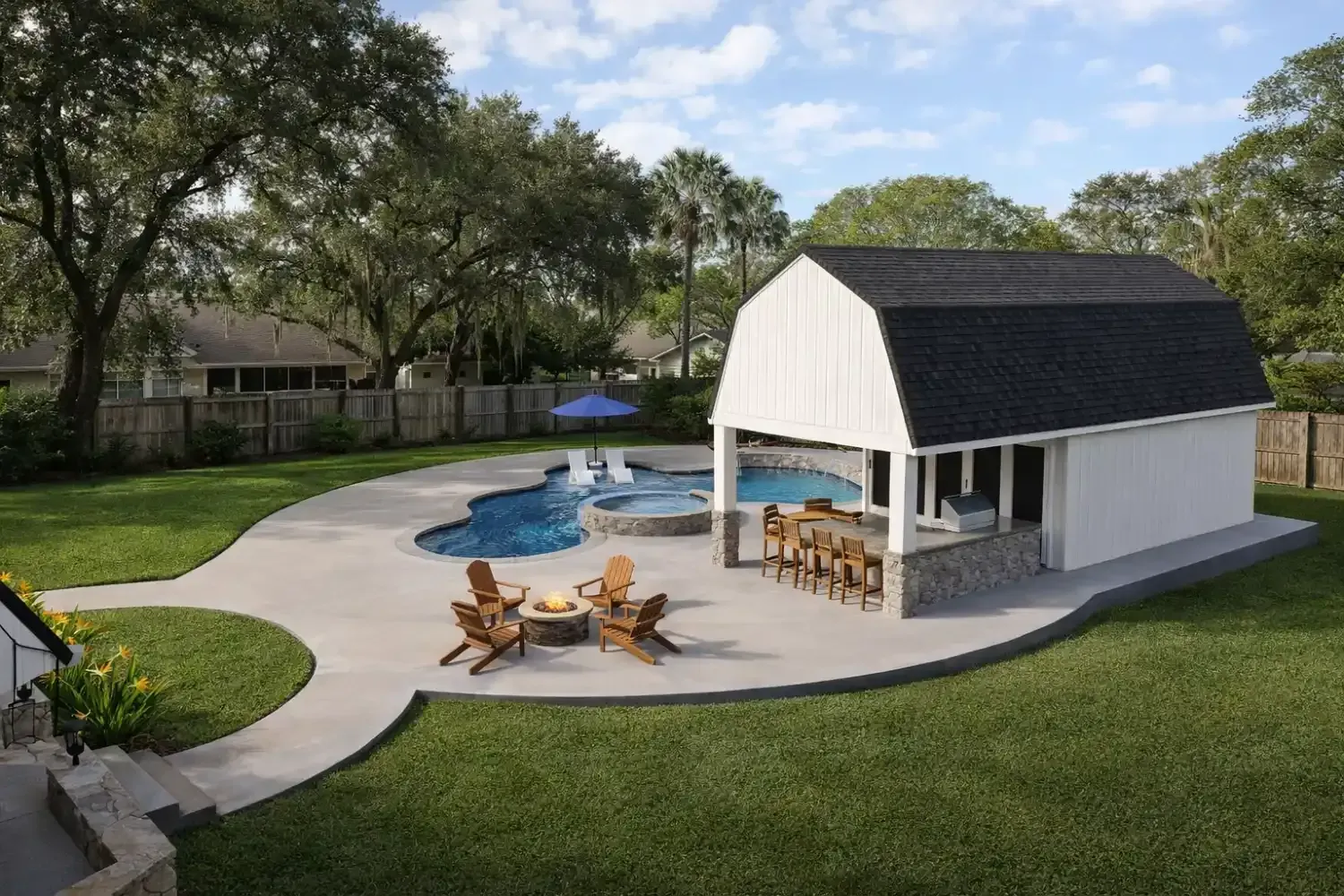 An aerial view of a backyard featuring a swimming pool, a fire pit with chairs, and a white barn-style pool house.