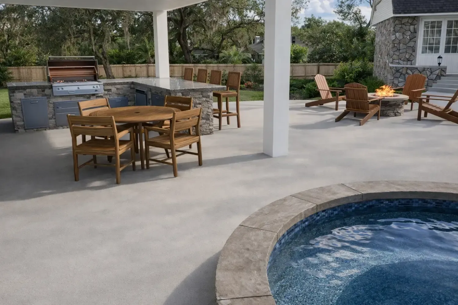 Outdoor patio with a circular table, stone grill area, lounge chairs around a fire pit, and a circular pool in foreground.