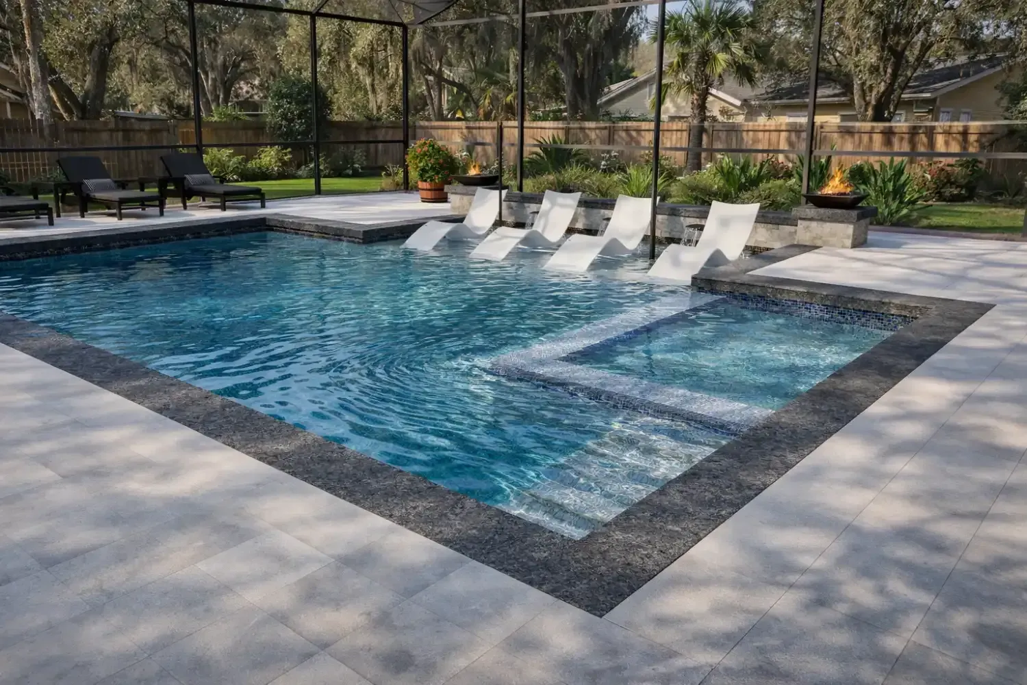 A rectangular swimming pool with an attached spa, featuring five lounge chairs submerged on a shallow ledge.