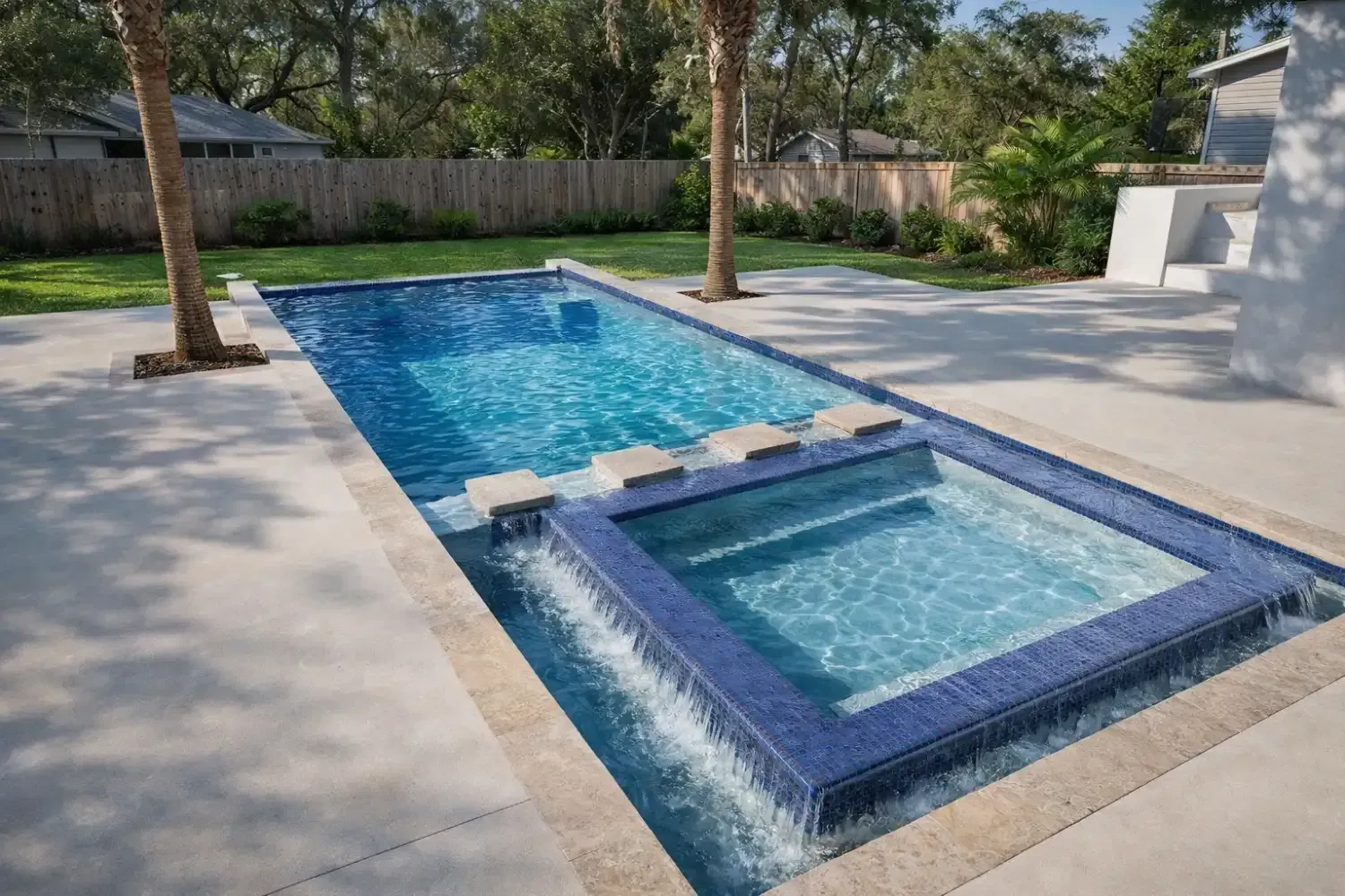 A rectangular swimming pool with a spillover spa featuring blue tile, set in a concrete patio with two palm trees.