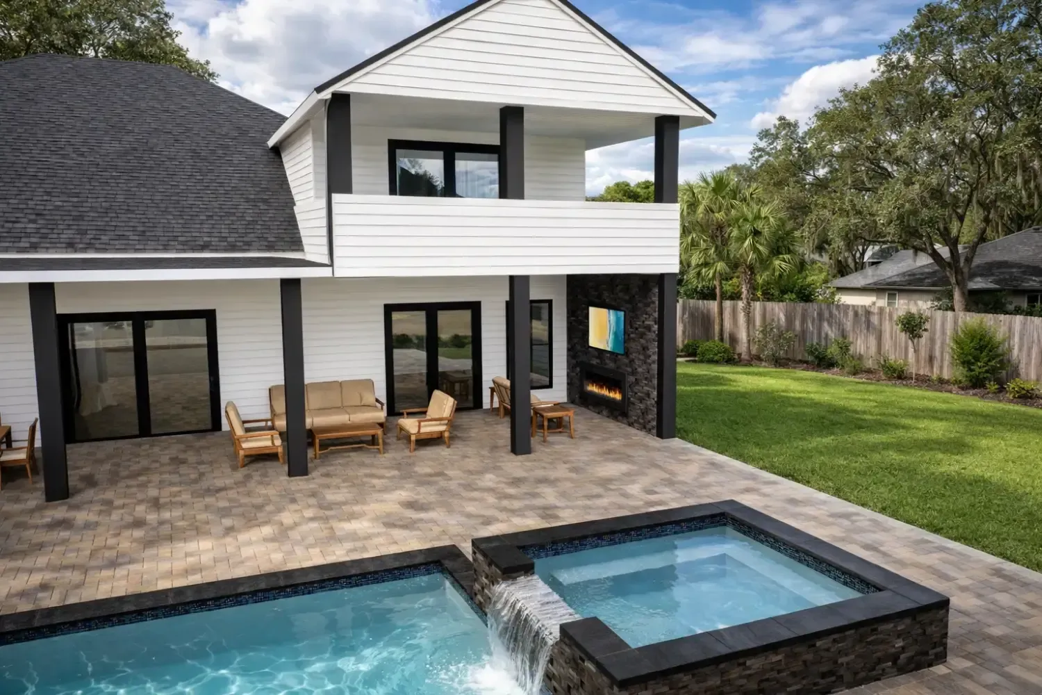Backyard pool and spa area with a stone patio, outdoor seating, and a modern two-story home with a balcony.