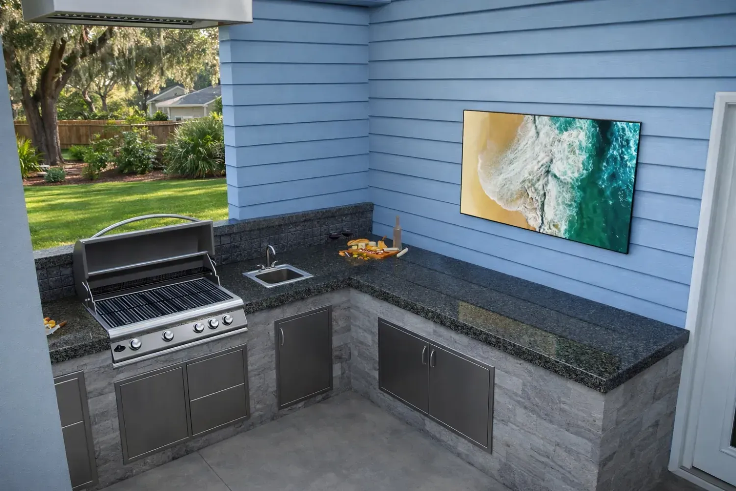 Outdoor kitchen with a built-in grill, granite countertops, stone cabinets, and a beach scene on a wall-mounted TV.