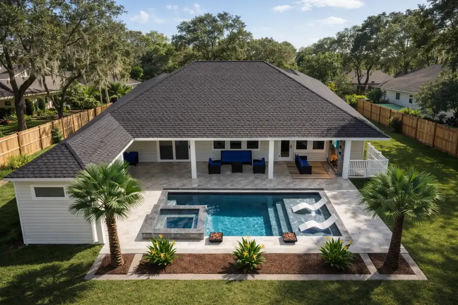 Aerial view of a residential backyard with a rectangular pool, integrated spa, tiled patio, and a covered porch.