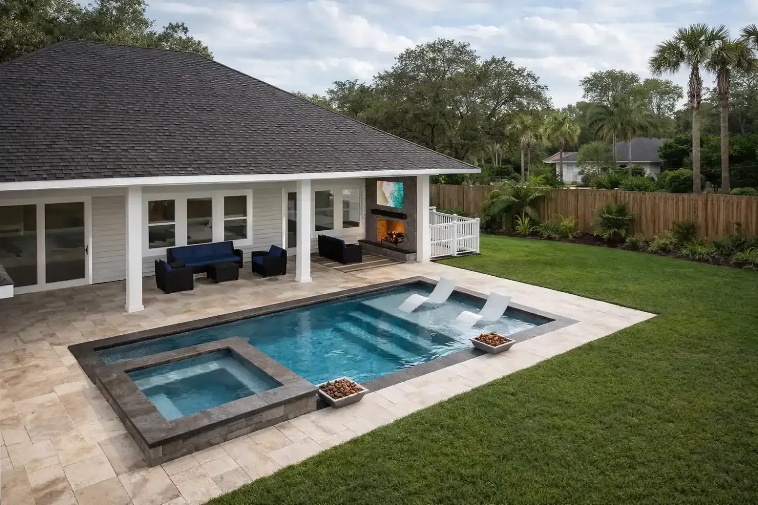 Backyard featuring a swimming pool with an attached spa, stone patio, and covered porch with lounge furniture.