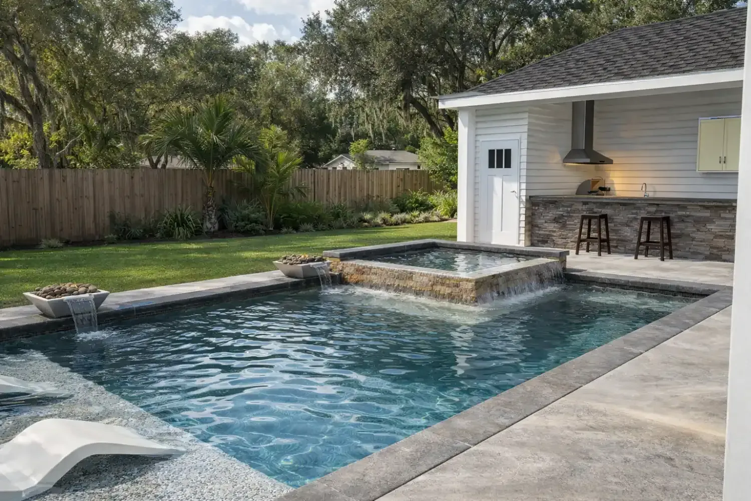A backyard swimming pool with an integrated spa, a water feature, lounge chairs, and a covered outdoor kitchen area.