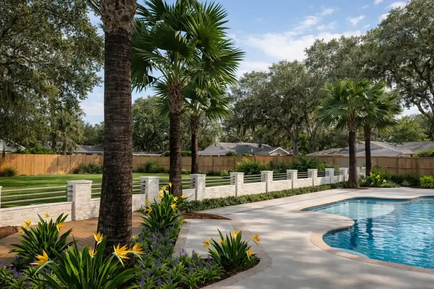 A swimming pool surrounded by a stone wall, tropical plants, and tall palm trees in a residential backyard.