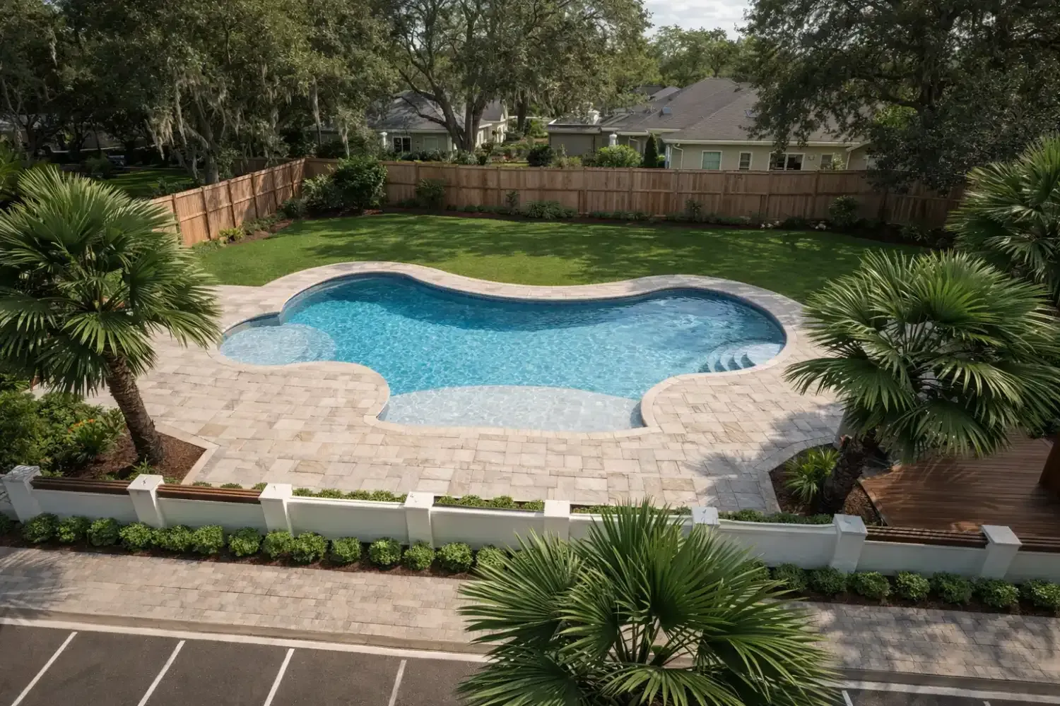 A high-angle view of a backyard featuring a blue, uniquely shaped swimming pool surrounded by stone pavers and palm trees.