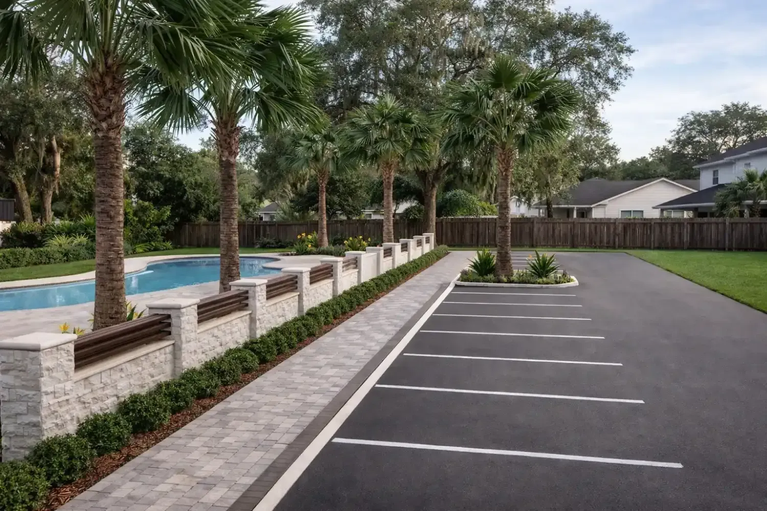 A paved parking area next to a landscaped stone wall, walkway, and swimming pool lined with palm trees.