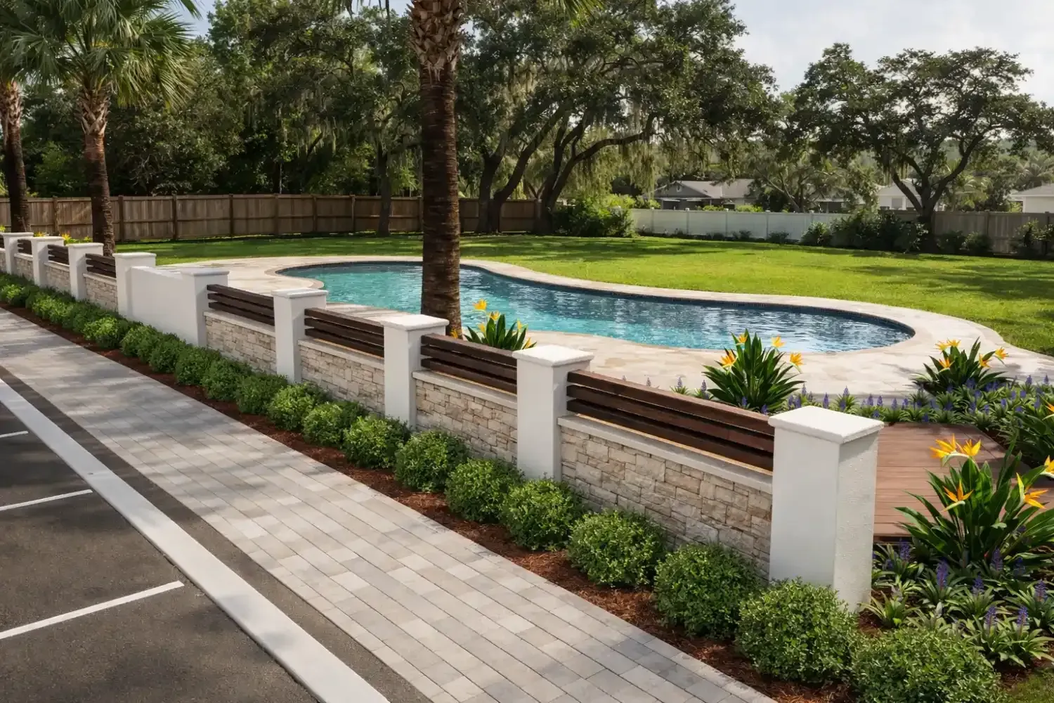 A paved walkway and parking space border a pool enclosed by a white pillar and stone wall, set in a grassy backyard.