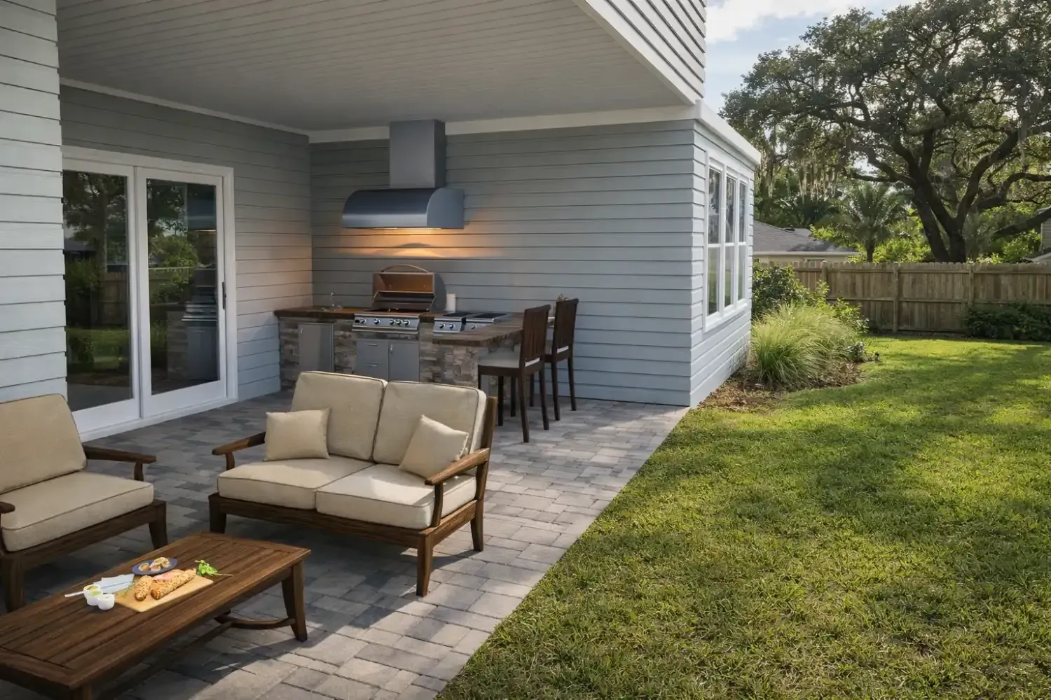 An outdoor patio features beige seating, a coffee table, and a built-in kitchen area with a stainless steel vent hood.